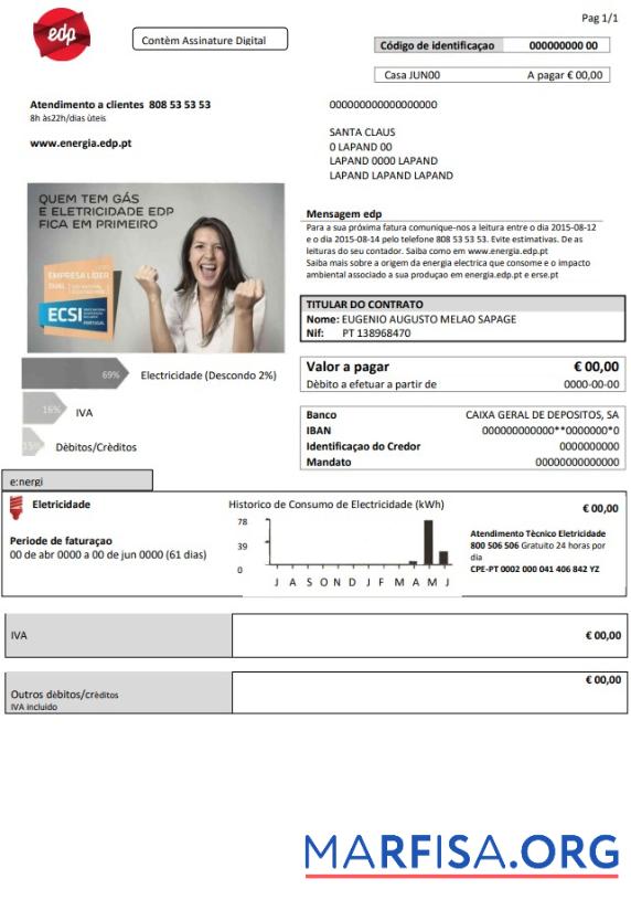 Realistic Portugal EDP electricity utility bill template in Word and PDF format